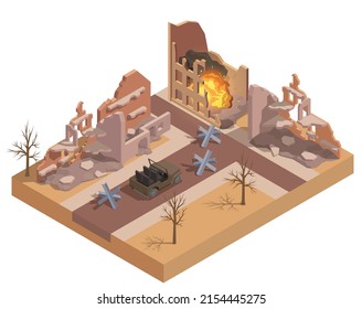 Ruined buildings in fire in destroyed with war city isometric vector illustration