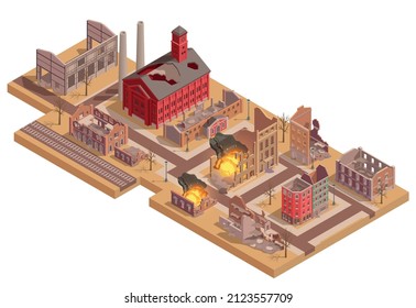 Ruined burning buildings in destroyed city isometric vector illustration