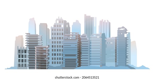 Ruined city from afar. Apocalypse scene. Armageddon death of civilization in war or environmental disaster. Illustration isolated on white background. Flat style. Vector.