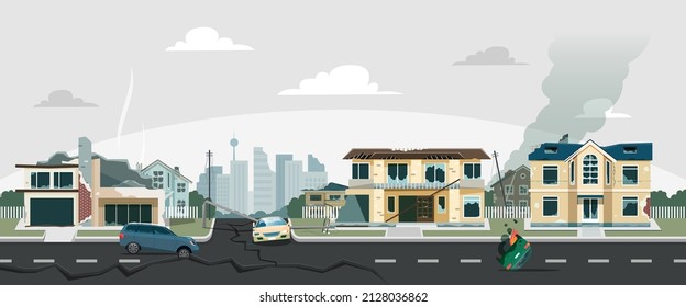 Ruined city after earthquake or war, abandoned and destroyed buildings. Town ruins with collapsed houses and burned cars vector illustration. Building abandoned, ruin town after earthquake