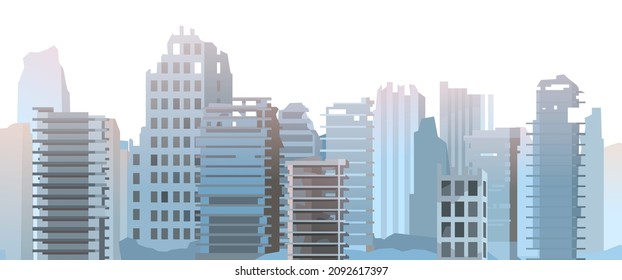 Ruined city Backgdrop. Apocalypse scene. Armageddon death of civilization in war or environmental disaster. Flat style. Seamless Illustration isolated on white background. Vector.