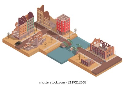 Ruined city buildings with destroyed bridge isometric vector illustration