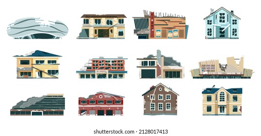 Ruined city buildings, old abandoned and destroyed houses. Collapsed house, decayed building, town ruins after natural disaster vector set of buildings abandoned, ruin old illustration