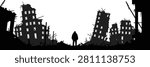 Ruined city landscape with survivor vector illustration
