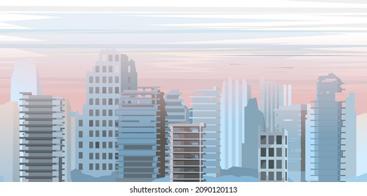 Ruined city. Seamless Apocalypse scene. Scary sad dull landscape. Armageddon death of civilization in war or environmental disaster. Flat style. Vector.