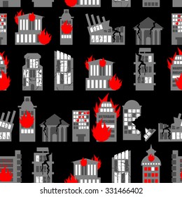 Ruined city seamless pattern. Ruins of buildings. Fire in homes. Background of war - ravaged City.