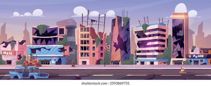 Ruined city. War zone destroy, abandoned damaged buildings broken houses after earthquake collapse disaster post apocalypse cartoon game background, swanky vector illustration