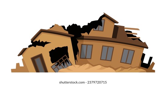 Ruined cracked building. Brown home after disaster and catastrophe. Cottage and townhouse in ruins. Demolition and collapse. Cartoon flat vector illustration isolated on white background