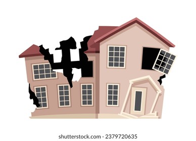 Ruined cracked building. Pink home after disaster and catastrophe. City after war conflict. Demolition and collapse, ruins. Cartoon flat vector illustration isolated on white background