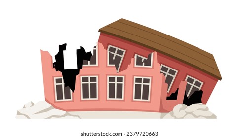 Ruined cracked building. Pink home after disaster and catastrophe. Social media sticker. Demolition and collapse. Cartoon flat vector illustration isolated on white background