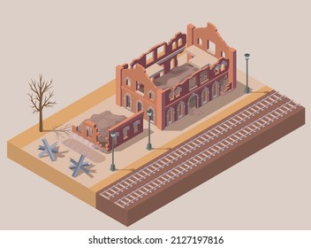 Ruined destroyed city building with railway isometric vector illustration