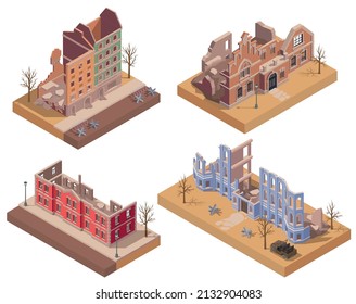 Ruined destroyed post apocalyptic buildings isometric set isolated vector illustration