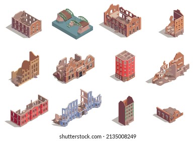 Ruined destroyed post apocalyptic buildings isometric set isolated vector illustration