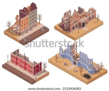 Ruined destroyed post apocalyptic buildings isometric set isolated vector illustration