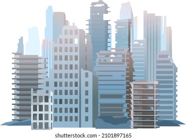 Arruinado centro de la ciudad. Ilustración aislada sobre fondo blanco. Escena apocalíptica. Muerte arbitraria de la civilización en guerra o desastre ambiental. Estilo plano. Vector.