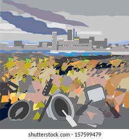 ruined earth, modern industrial city on horizon, vector art