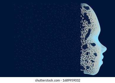 The ruined face of a man with many fragments. Side view. Vector illustration