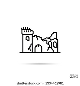 Ruined fantasy castle flat line icon. Fairy tale fortress ruins vector illustration.