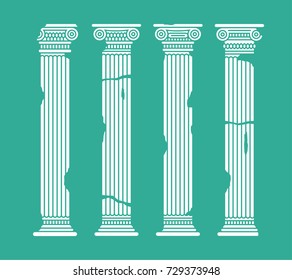 Ruined flat long white graphic antique roman columns. Vector illustration. Isolated.