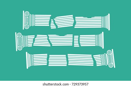 Ruined flat long white graphic antique roman lying columns. Vector illustration. Isolated.