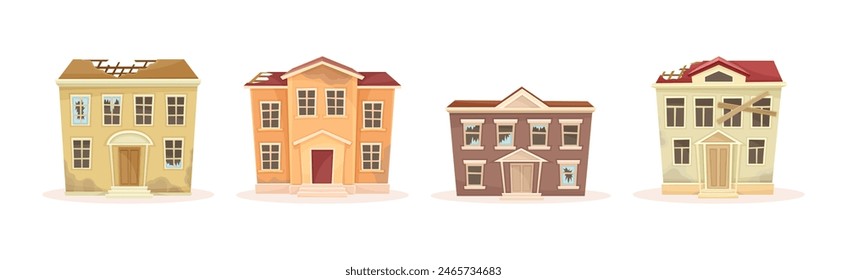 Ruined House and Abandoned Building in Bad Condition Vector Set