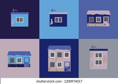Ruined houses icons on pink, blue and gray backgrounds