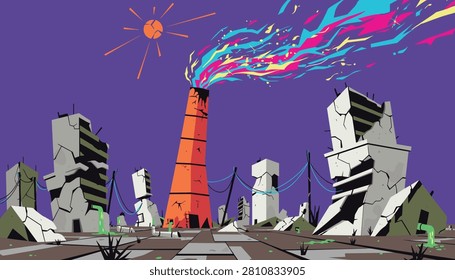 Ruined post-apocalyptic city features destroyed buildings, cracked asphalt, and toxic fumes from a tall chimney.