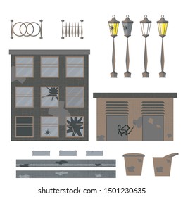Ruined street. Set of vector illustration. House, garage, lights, fences, ballot boxes, asphalt, border, stains, broken glass