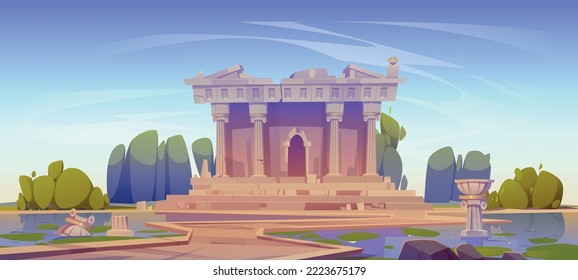 Ruined temple, abandoned architecture building with broken columns and destroyed construction at water pond. Medieval Roma or Greece ruins, famous historical landmark, Cartoon vector illustration