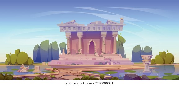 Ruined temple entwined with ivy vines, abandoned architecture building with broken columns and destroyed construction at water pond. Medieval Roma or Greece ruins, Cartoon vector illustration