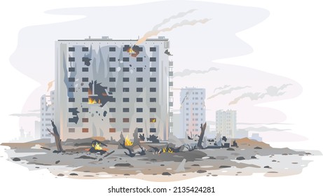Ruined Ukraine city, destroyed buildings ruins and concrete, war destruction concept illustration isolated, terrorist acts in Europe