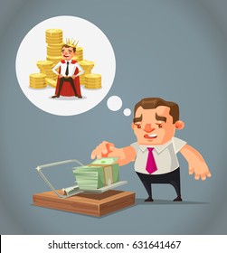 Ruined unemployed businessman character trying take money from trap. Vector flat cartoon illustration