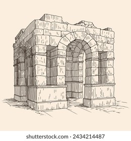 Ruins of an ancient Greek temple with with arches. Drawing in engraving style on a beige background.