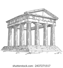 Ruins of an ancient Greek temple with columns. Linear sketch on a beige background.