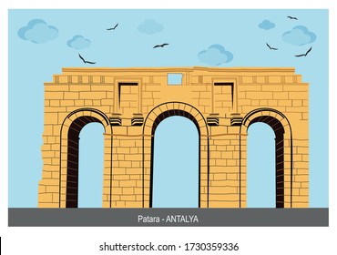 Ruins of the ancient Lycian city Patara, Ancient city entrance door. Patara was at the Lycia (Lycian) League's capital. Antalya, TURKEY.  Eps vector design