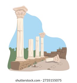 Ruins of an ancient temple with destroyed marble columns. Symbol of tourist travel and vacations. Hand-drawn vector illustration of ancient architecture.