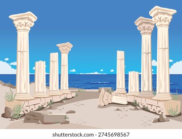 The ruins of an ancient temple with shattered marble columns against the blue sea. A symbol of travel and relaxation. Hand-drawn vector illustration of ancient architecture.