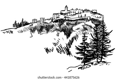 
The ruins of the castle . Castle in the mountains . Old lock. Vector sketch by hand.