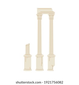 Ruins of classical ancient Roman or Greek building columns, flat vector illustration isolated on white background. Symbol of antique and architecture of ancient Rome.