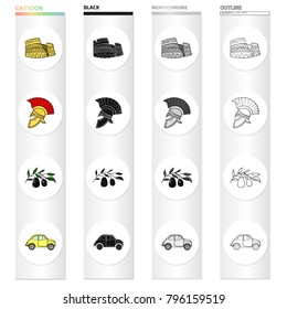 The ruins of the Colosseum, a Roman helmet, a branch of olives, an Italian car. Italy country set collection icons in cartoon black monochrome outline style vector symbol stock illustration web.