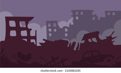 Ruinas de una ciudad destruida. Las terribles consecuencias de la guerra, el terremoto y el desastre natural. Paisaje panorámica con edificios destruidos. Ilustración del vector