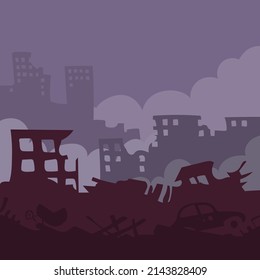 Ruins of a destroyed city. The terrible consequences of war, earthquake and natural disaster. Panorama landscape with destroyed buildings. Vector illustration