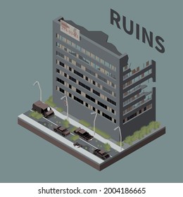 Ruins isometric grey background with post apocalypse destroyed empty multistoried city building vector illustration