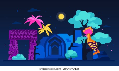 Ruins of Israeli landmarks - modern colored vector illustration with Caesarea National Park, Gate of Faith in Jaffa and hoopoe bird sitting on a branch under the light of yellow moon. Nature beauty