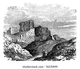 Ruins of the Main Palace in Babylonia in Babil, Iraq, during the 1890s, vintage engraving. Old engraved illustration of the Ruins of the Main Palace in Babylonia. Trousset encyclopedia