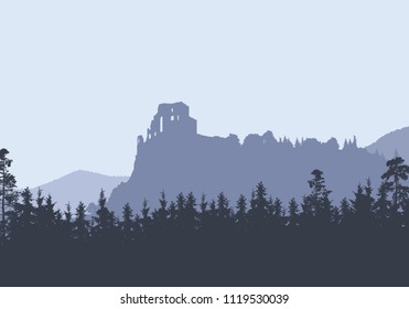 Ruins of a medieval castle on a high rock, between hills and forests - vector, Strecno - Slovakia