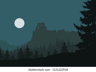 Ruins of a medieval castle on a rock between forests and mountains, under night sky with moon - vector