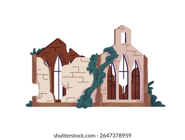 Ruins of old church. Abandoned damaged building with collapsed walls, roof. Broken ancient house. Destroyed city after natural disaster, war. Flat isolated vector illustration on white background