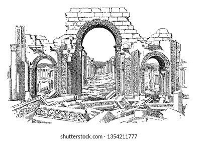 Ruins of Palmyra which is an ancient city located in the heart of the Syrian Desert, vintage line drawing or engraving illustration.