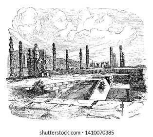 Ruins of Persepolis was the ceremonial capital of the Persian Empire during the Achaemenid dynasty, vintage line drawing or engraving illustration.